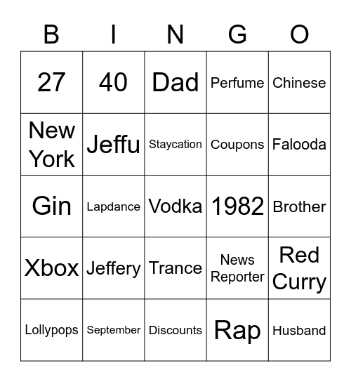 Jeff's Big 40 Bingo Card