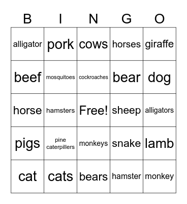 Animals and Meat Bingo Card