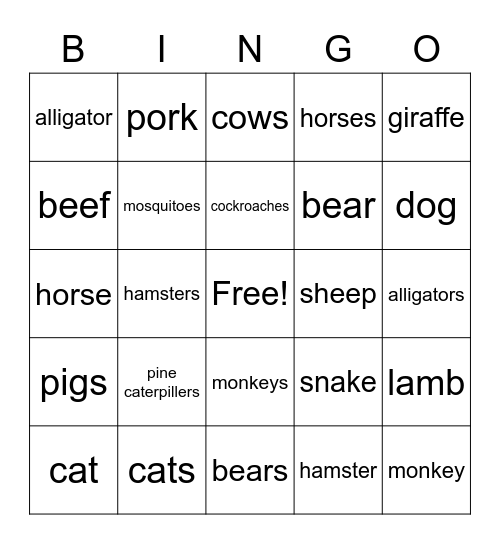 Animals and Meat Bingo Card