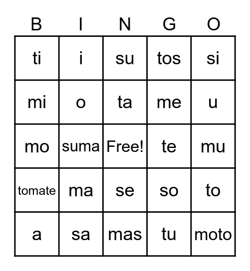 Lotería silabas Bingo Card