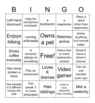 UBC badminton club icebreaker Bingo Card