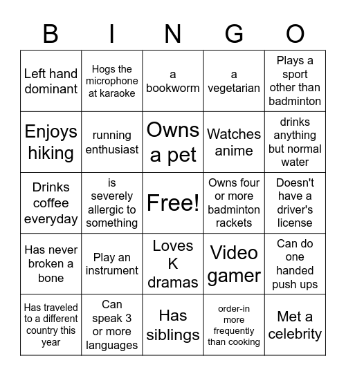 UBC badminton club icebreaker Bingo Card