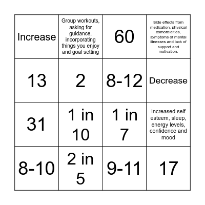 Mental Health and Physical Activity Bingo Card