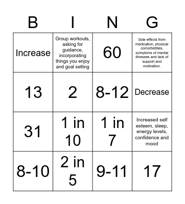 Mental Health and Physical Activity Bingo Card