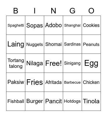 Fav food Bingo Card