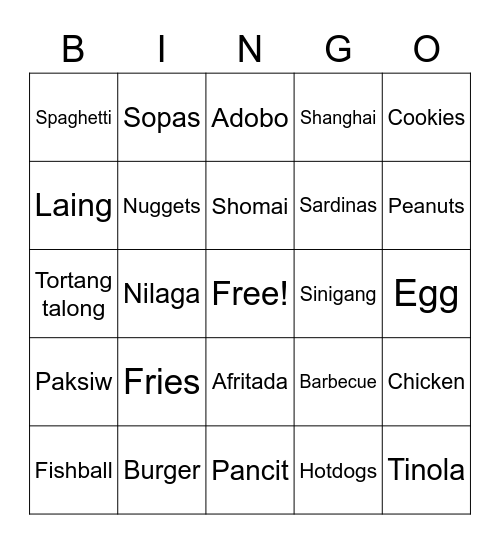 Fav food Bingo Card