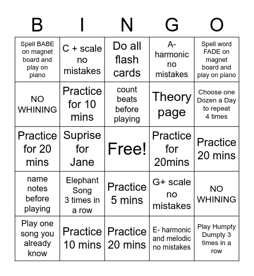Kelsey Piano Practice Bingo Card