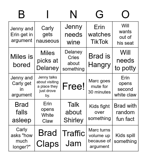 Road Trip Bingo Card