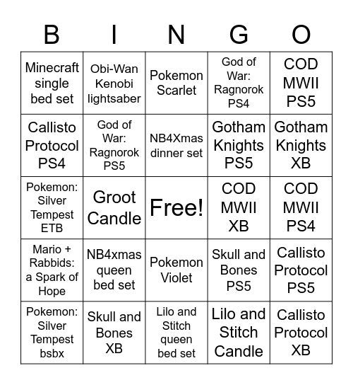 Preorder Bingo Card