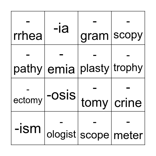 Suffix BINGO Card
