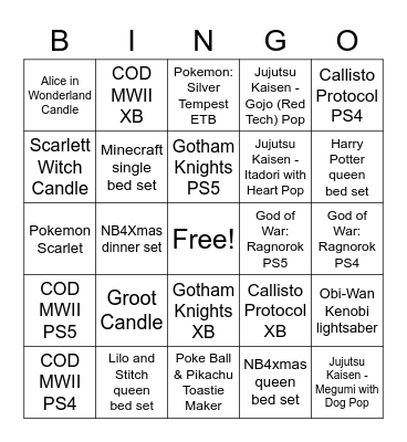 Preorder Bingo Card
