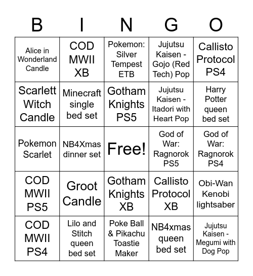 Preorder Bingo Card