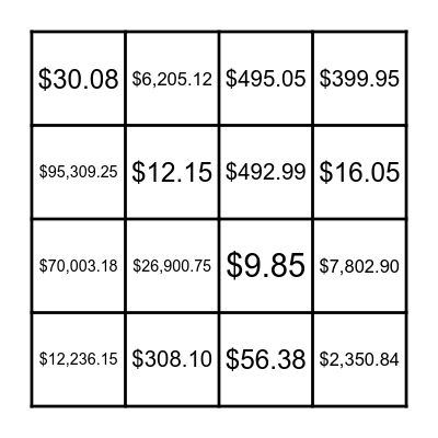 MONEY BINGO Card