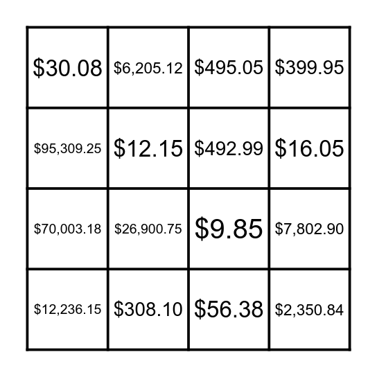 MONEY BINGO Card