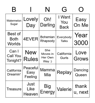 Song Bingo #4 Bingo Card