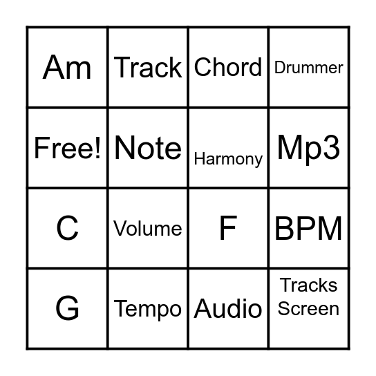GarageBand Bingo Card