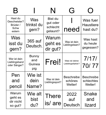 Basis Fragen & Woerter Bingo Card