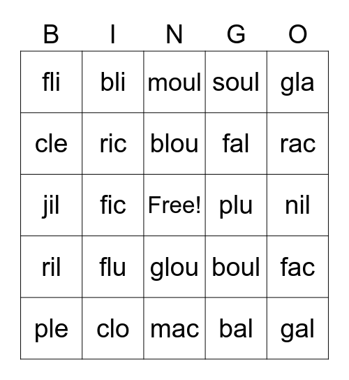 syllabes Bingo Card