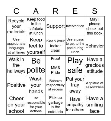 Positive Behavior Bingo Card