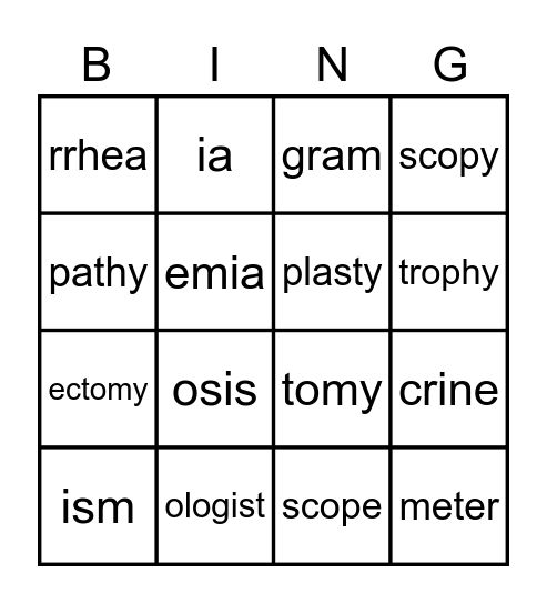 SUFFIX BINGO Card