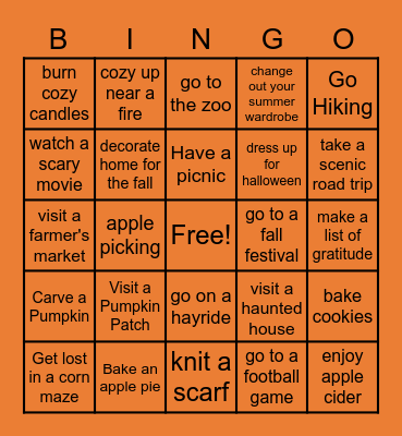 Fall Bucket List Bingo Card