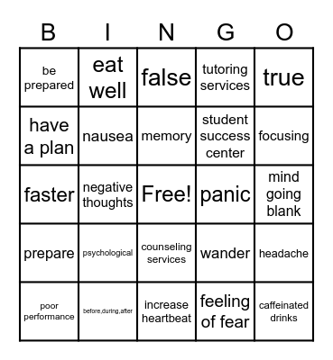 Test Anxiety Bingo Card