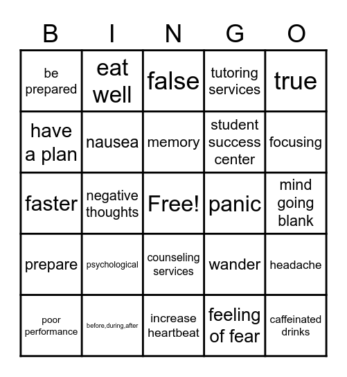 Test Anxiety Bingo Card