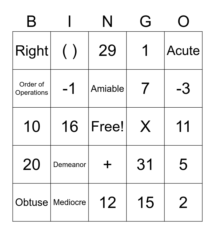 Math Bingo 10-7 Bingo Card