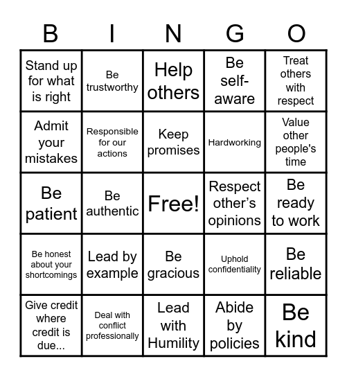 Integrity Bingo Card