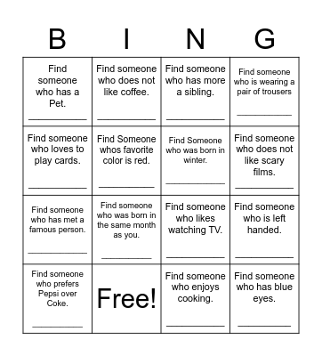 Find Someone Who Bingo Card