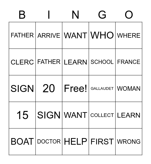 GALLAUDET STORY VOCABS Bingo Card