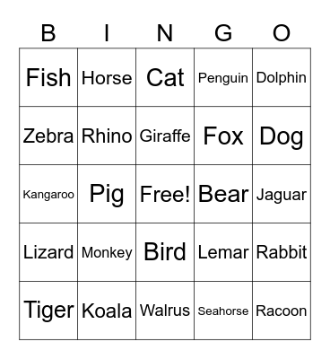 Animal Bingo Card