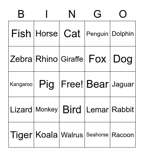 Animal Bingo Card