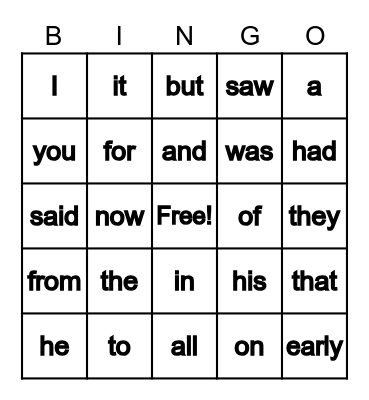 Sight Words Bingo Card