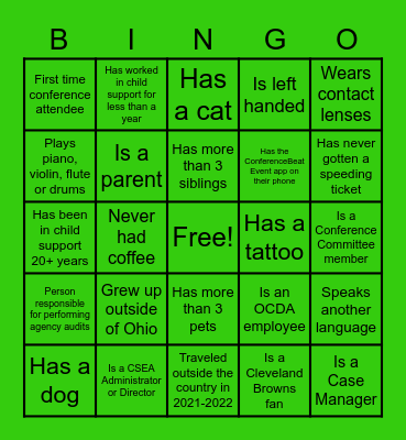 Child Support Networking Bingo Card