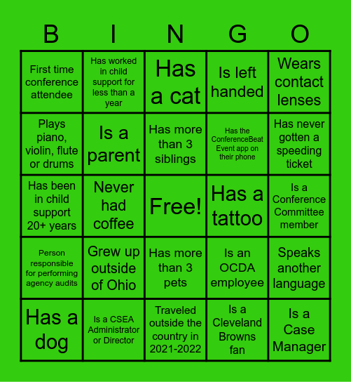 Child Support Networking Bingo Card