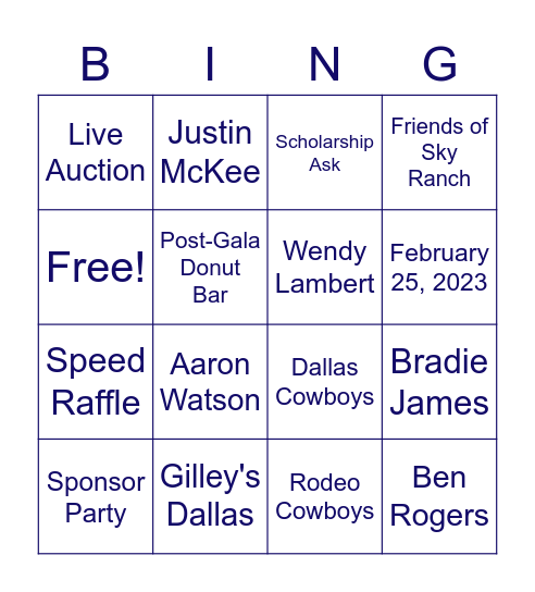 2023 Sky Ranch Cowboys & Cowboys Gala Bingo Card