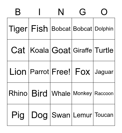 Animals Bingo Card