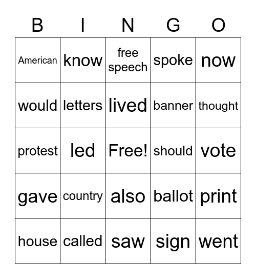 Unit 2: High Frequency Words Bingo Card