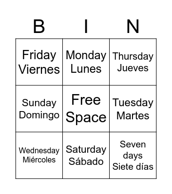 Days of the week Bingo Card