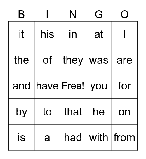 Instant Words Bingo Card