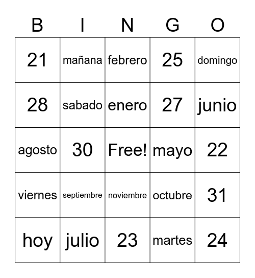 spanish 1 lesson 5 review Bingo Card