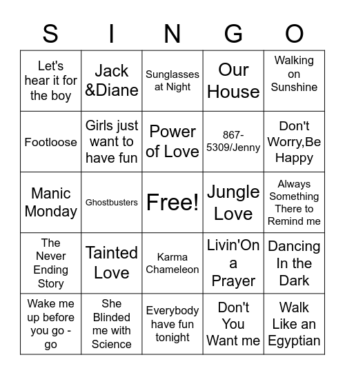 80's Singo Bingo Card