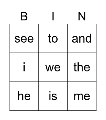 sight words j Bingo Card