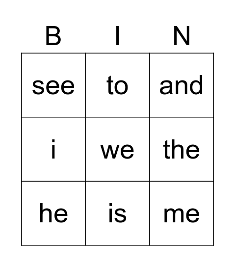 sight words j Bingo Card