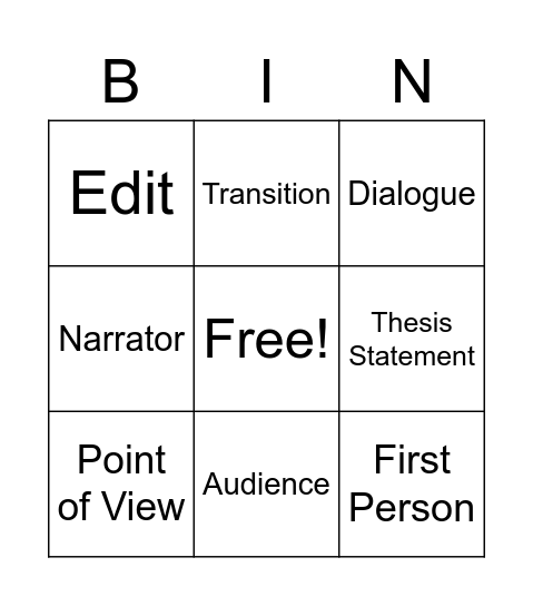 English Bingo Card