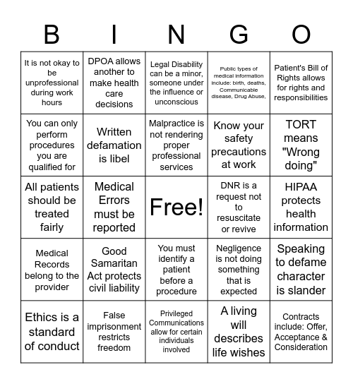 Legal & Ethics Bingo Card