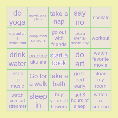 Self Care and Wellness Challenge Bingo Card