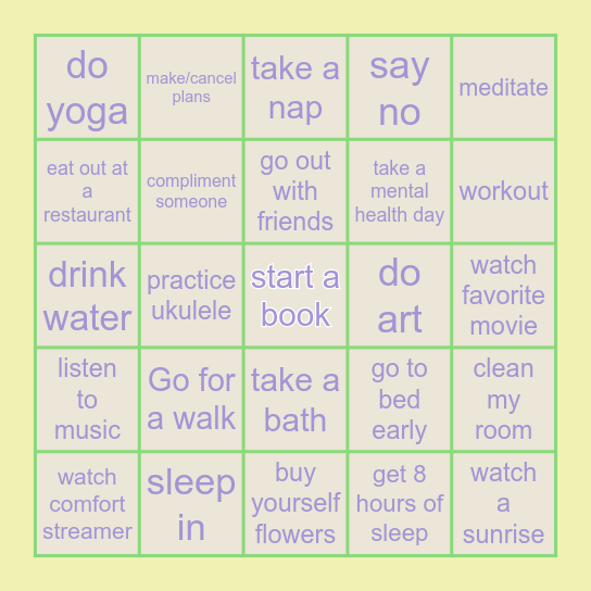 Self Care and Wellness Challenge Bingo Card