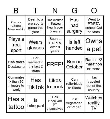 Physical Therapy Month Bingo Card